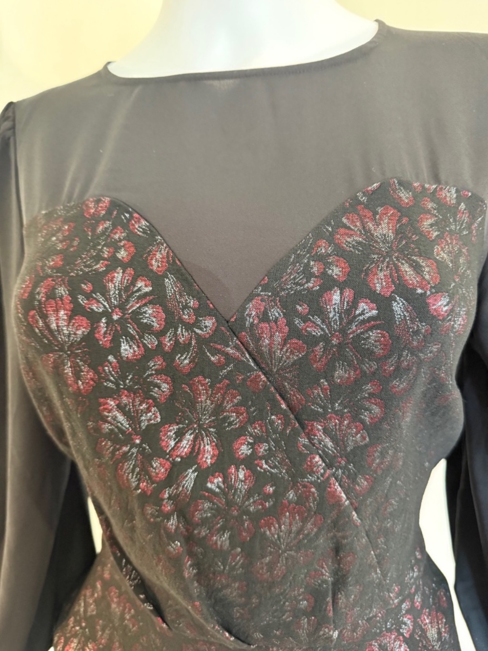 EUC NY&C Medium Pantset Black Metallic Burgundy Silver Sheer Long Sleeve